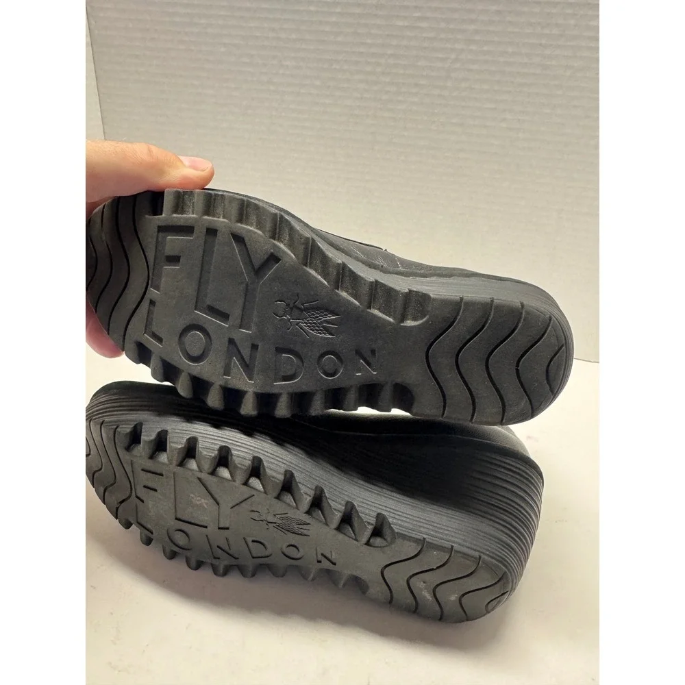 Fly London YAZ Black Leather Wedge Pumps Platform Shoes Size 37 6.5